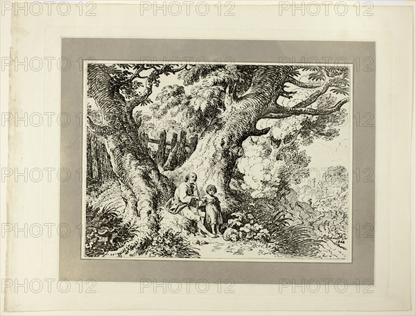 Old Trees with Old Man, a Girl, and a Dog, from the first issue of Specimens of..., 1802. Creator: Richard Corbould.