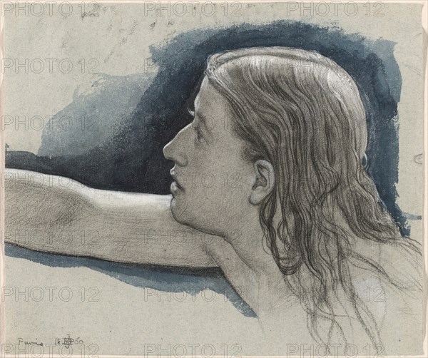 Study of a Young Man's Head with Right Arm Outstretched, 1860. Creator: Edward John Poynter.