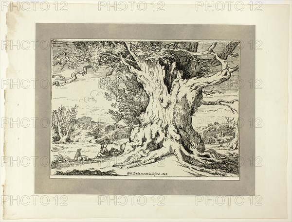 Resting, Men and Dogs Under a Big Tree, from the first issue of Specimens of..., 1802, pub 1803. Creator: William Alfred Delamotte.