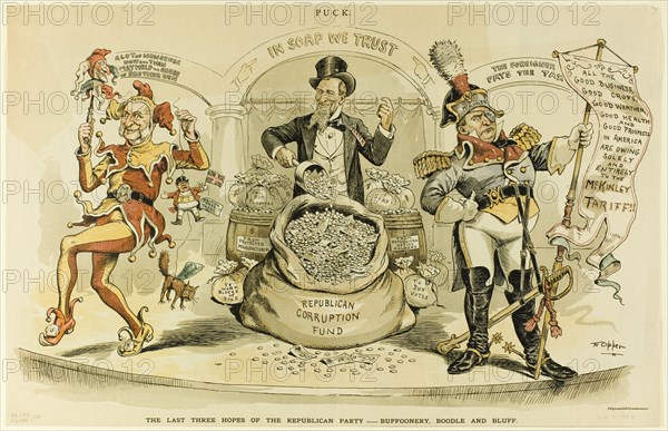 The Last Three Hopes of the Republican Party, from Puck, 1892. Creator: Frederick Burr Opper.