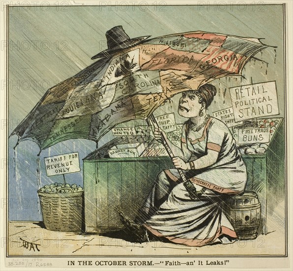 In the October Storm, from Puck, published October 29, 1880. Creator: James Albert Wales.