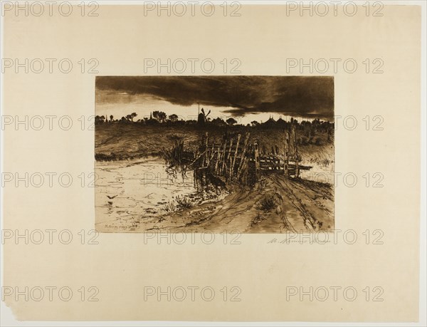 Landscape with Mill and a Wooden Bridge, 1883. Creator: Mary Nimmo.