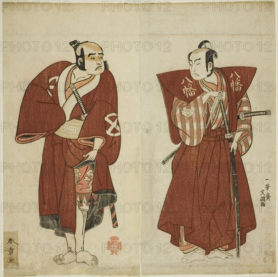 The Actors Onoe Matsusuke I as Yawata no Saburo (right), and Otani Tomoemon I as the..., c. 1772. Creator: Shunsho.