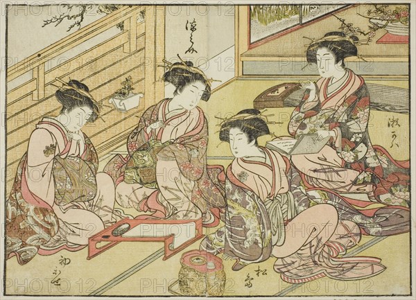 Courtesans of the Matsubaya, from the book "Mirror of Beautiful Women of the Pleasure..., 1776. Creator: Shunsho.