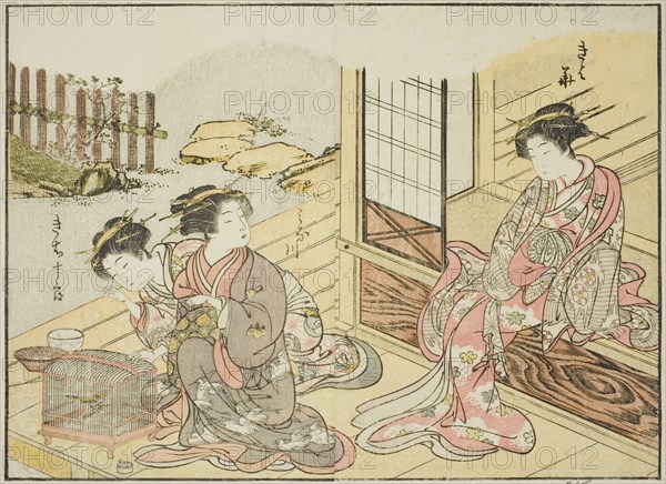 Courtesans of the Kagemanjiya, from the book "Mirror of Beautiful Women of the Pleasure..., 1776. Creator: Shunsho.