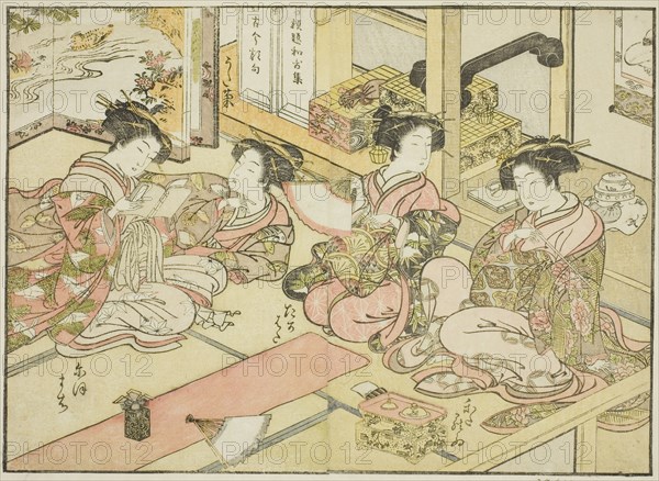 Courtesans of the Ogiya, from the book "Mirror of Beautiful Women of the Pleasure Quarters..., 1776. Creator: Shunsho.