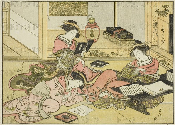 Courtesans of the Chojiya, from the book "Mirror of Beautiful Women of the Pleasure..., 1776. Creator: Shunsho.