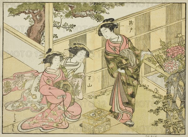 Courtesans of the Chojiya, from the book "A Comparison of Beauties of the Green Houses..., 1776. Creator: Shunsho.