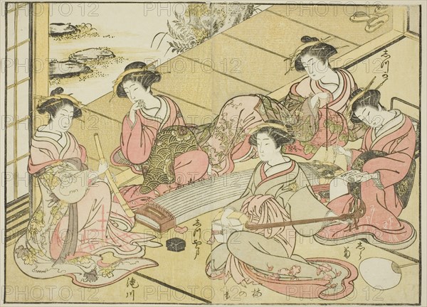 Courtesans of the Tamaya, from the book "Mirror of Beautiful Women of the Pleasure Quarters..., 1776 Creator: Shunsho.