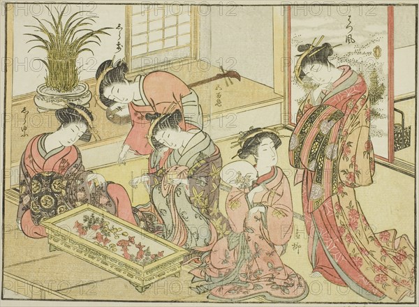 Courtesans of the Wakanaya, from the book "Mirror of Beautiful Women of the Pleasure..., 1776. Creator: Shunsho.