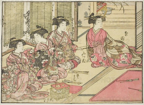 Courtesans of Kiriya, from the book "Mirror of Beautiful Women of the Pleasure Quarters..., 1776. Creator: Shunsho.