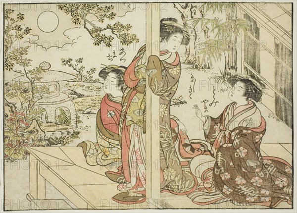 Courtesans of Yotsumaya, from the book "Mirror of Beautiful Women of the Pleasure Quarters..., 1776. Creator: Shunsho.