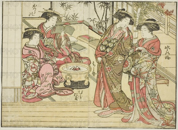 Courtesans of Otawaraya, from the book "Mirror of Beautiful Women of the Pleasure Quarters..., 1776. Creator: Shunsho.