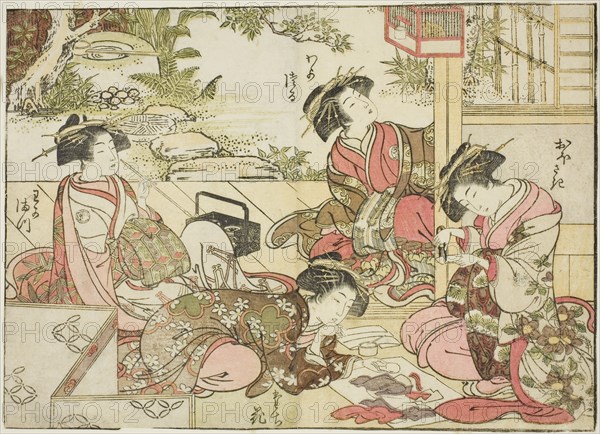 Courtesans of Otawaraya, from the book "Mirror of Beautiful Women of the Pleasure Quarters..., 1776. Creator: Shunsho.