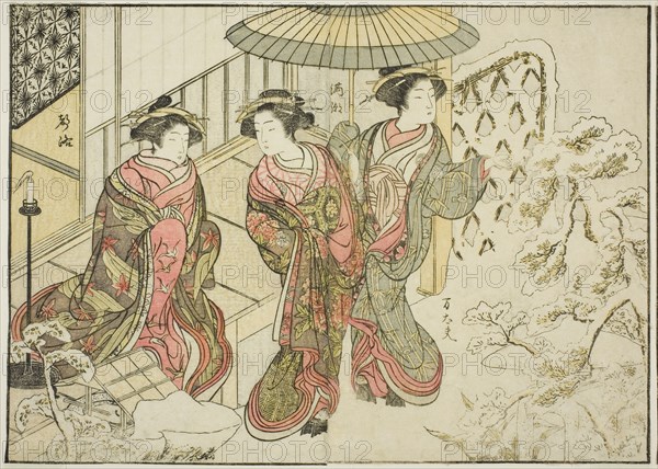 Courtesans of the Nakaomiya, from the book "Mirror of Beautiful Women of the Pleasure..., 1776. Creator: Shunsho.