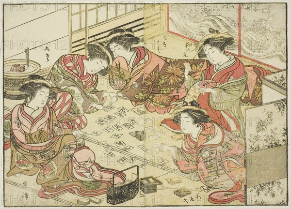 Courtesans of the Echizenya, from the book "Mirror of Beautiful Women of the Pleasure..., 1776. Creator: Shunsho.