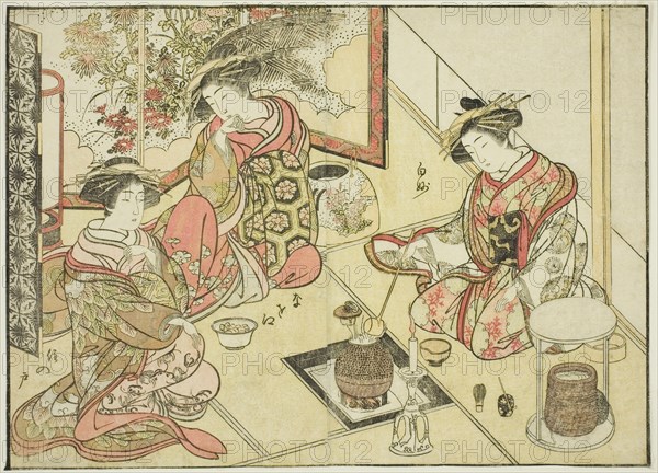 Courtesans of the Okaneya, from the book "Mirror of Beautiful Women of the Pleasure..., 1776. Creator: Shunsho.