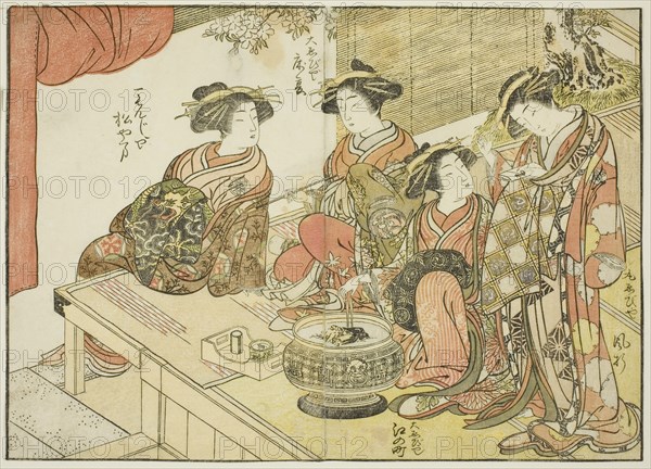 Four courtesans of various houses, from the book "Mirror of Beautiful Women of the Pleasure..., 1776 Creator: Shunsho.