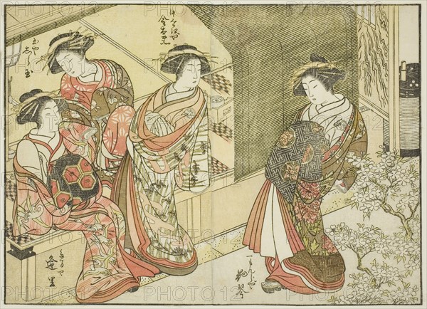 Four courtesans of various houses, from the book "Mirror of Beautiful Women of the Pleasure..., 1776 Creator: Shunsho.