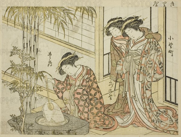 Courtesans of Maruya, from the book "Mirror of Beautiful Women of the Pleasure Quarters..., 1776. Creator: Shunsho.