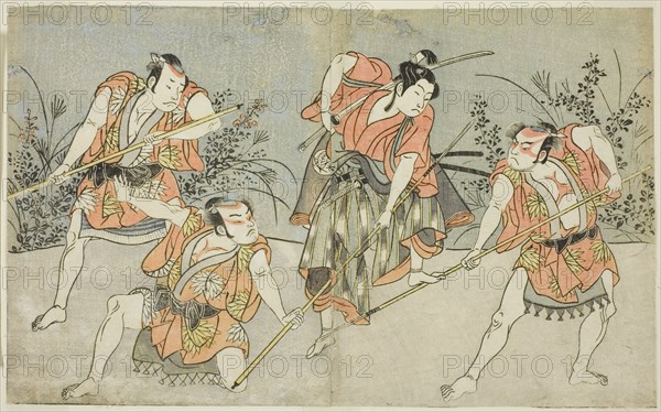 The Actors Nakamura Kashiwagi as a Wakashu (second from right), and Three..., Japan, c. 1772. Creator: Shunsho.
