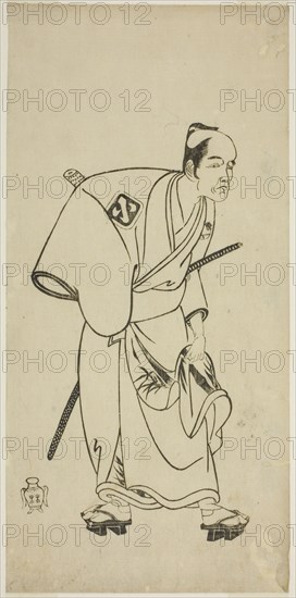 The Actor Arashi Otohachi I as Hotei Ichiemon in the Play Ayatsuri Kabuki Ogi, Performed..., c.1768. Creator: Shunsho.