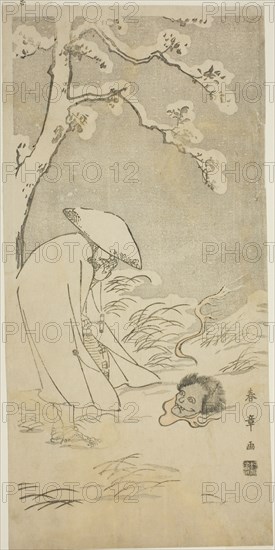 A Pilgrim Praying through the Night to the Buddha (kannenbutsu) is Startled by a Ghostly..., c.1768. Creator: Shunsho.