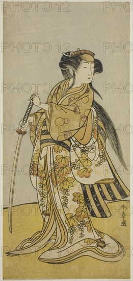 The Actor Onoe Tamizo I as Kureha (?) in the Play Shusse Taiheiki (?), Performed at the..., c. 1775. Creator: Shunsho.