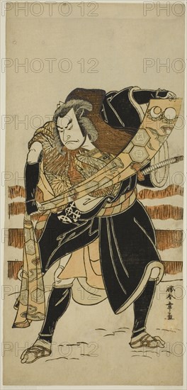 The Actor Nakamura Nakazo I as Abe no Sadato (?) in the Play Date Nishiki Tsui no Yumitori..., c1778 Creator: Shunsho.