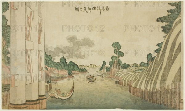 Sumida River seen from Azuma Bridge (Azumabashi yori Sumida wo miru no zu), from a group, c.1800/05. Creator: Hokusai.