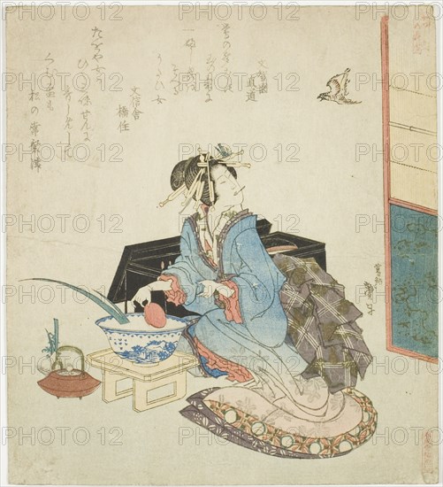 Geisha looking up at a cuckoo, from the series "Five Annual Festivals for the Katsushika..., 1822. Creator: Katsushika Taito.