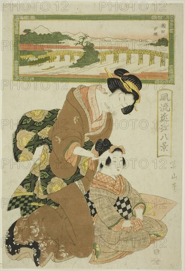 Evening Glow at Seta (Seta sekisho), from the series "Fashionable Eight Views of..., c. 1814/17. Creator: Kikukawa Eizan.