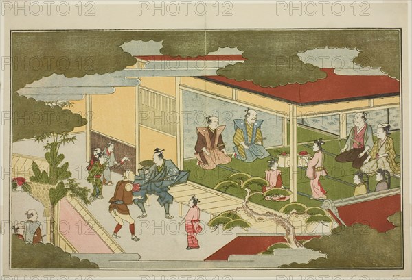 New Year in a Samurai Mansion, from the illustrated kyoka anthology "The Young God..., 1789. Creator: Kitagawa Utamaro.