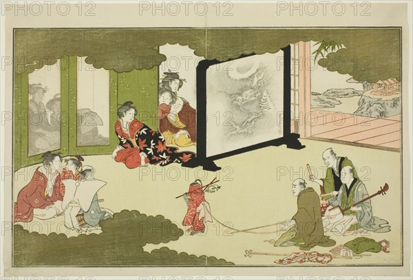 Performance of a Trained Monkey, from an illustrated poetry anthology entitled "The Young..., 1789. Creator: Kitagawa Utamaro.