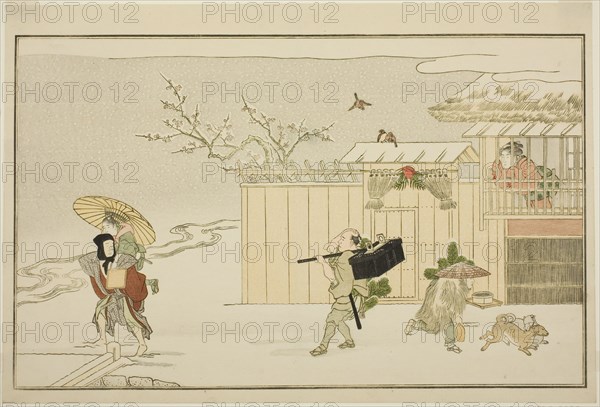 Delivering New Year Gifts in the Snow, from the illustrated kyoka anthology "The Young God..., 1789. Creator: Kitagawa Utamaro.