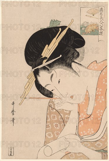 Hanaogi of the Ogiya, from the series "Renowned Beauties Likened to the Six Immortal..., c. 1795/96. Creator: Kitagawa Utamaro.