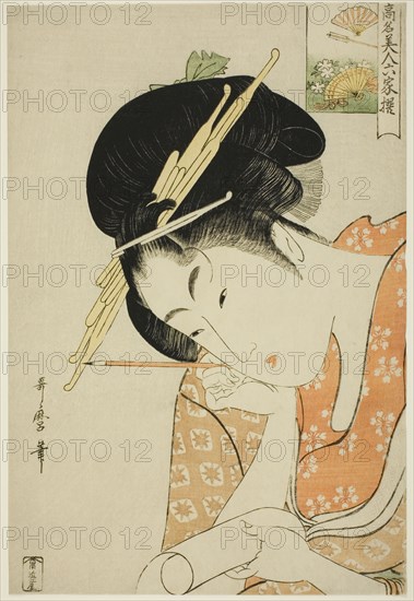 Hanaogi of the Ogiya, from the series "Renowned Beauties Likened to the Six Immortal..., c. 1795/96. Creator: Kitagawa Utamaro.