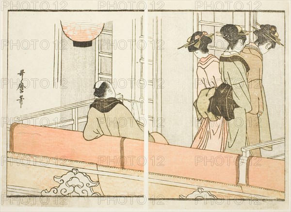A Box at the Kabuki Theater, from the illustrated book "Guide to the Actors' Dressing Rooms..., 1799 Creator: Kitagawa Utamaro.