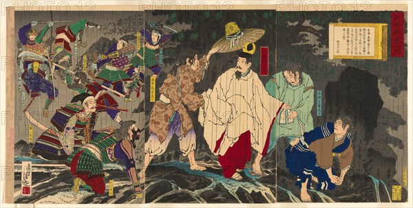 Escape of Emperor Godaigo, from the series "The Unofficial History of Japan (Nihon..., Japan, 1885. Creator: Kobayashi Kiyochika.