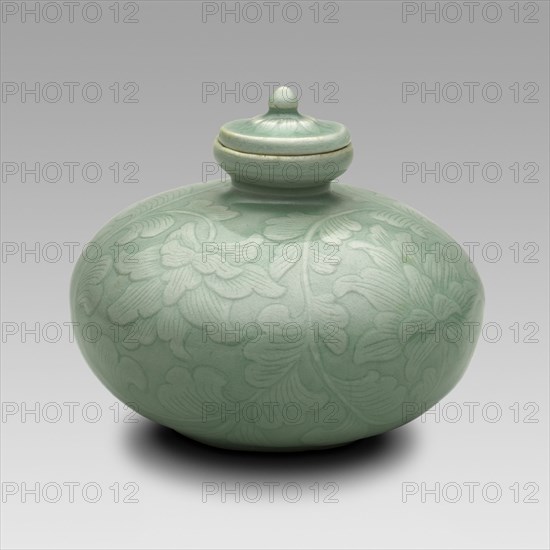 Covered Oil Bottle with Flowering Lotus and Scrolling Leaves, North Korea, Goryeo..., 12th century. Creator: Unknown.