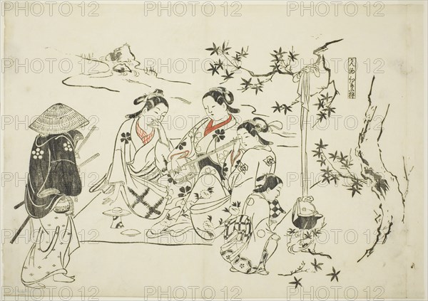 Heating Sake with Maple Leaves (Kanzake momijigari), no. 9 from a series of 12 prints..., c.1716/35. Creator: Okumura Masanobu.
