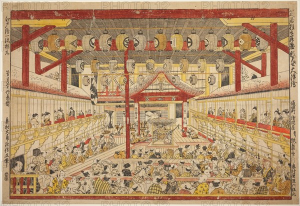 Large Perspective Picture of the Kaomise Performance on the Kabuki Stage (Shibai...c. 1745. Creator: Okumura Masanobu.