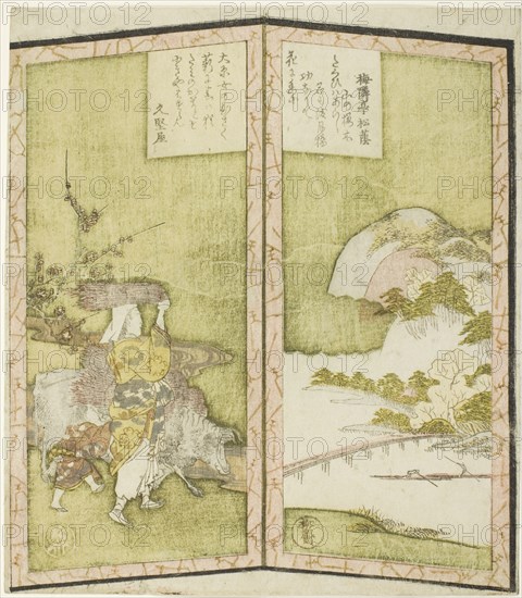 Landscape and Oharame (a woman from Ohara), from an untitled hexaptych depicting..., c. 1825. Creator: Shinsai.