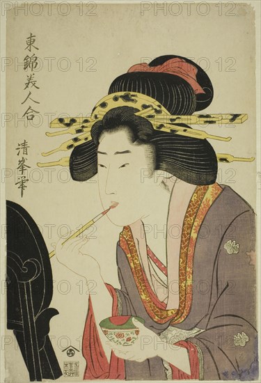 Beauty applying rouge, from the series "Comaprison of Beauties in Eastern Brocade...c. 1804/10. Creator: Torii Kiyomitsu II.