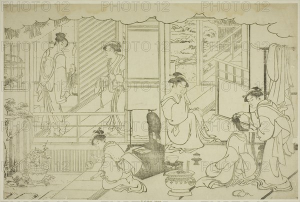 The First Bath of the New Year (Yudono hajime), from the illustrated book "Colors of the..., c.1787. Creator: Torii Kiyonaga.
