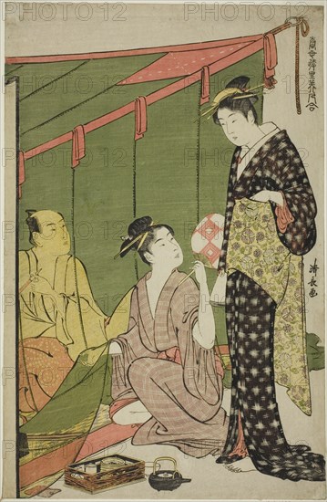 Mosquito Net, from the series "A Collection of Contemporary Beauties of the Pleasure..., c. 1784. Creator: Torii Kiyonaga.