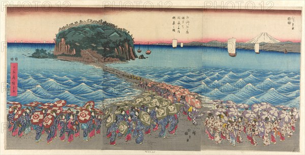 Crowd Visiting Benzaiten Shrine at Enoshima in Sagami Province (Soshu Enoshima..., c. 1847/52. Creator: Ando Hiroshige.