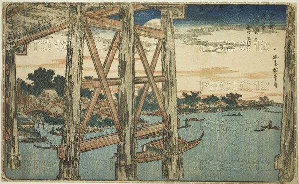 Twilight Moon at the Ryogoku Bridge (Ryogoku no yoizuki), from the series "Famous Views..., c. 1831. Creator: Ando Hiroshige.