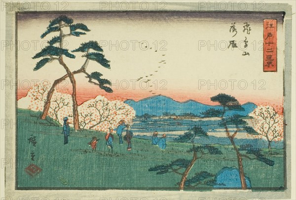 Descending Geese at Asuka Hill (Asukayama rakugan), from the series "Twelve...", c. 1847/52. Creator: Ando Hiroshige.