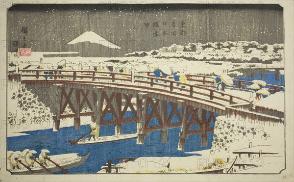 Nihon Bridge in Snow (Nihonbashi setchu), from the series "Famous Places in the Eastern...c.1842/44. Creator: Ando Hiroshige.